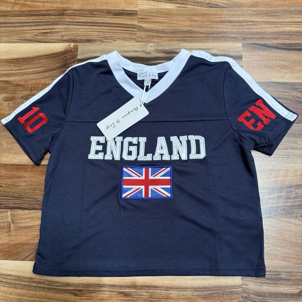 Harper & Ivy Girls England Soccer Jersey 10/12 Blue Polyester Embroidered Crop